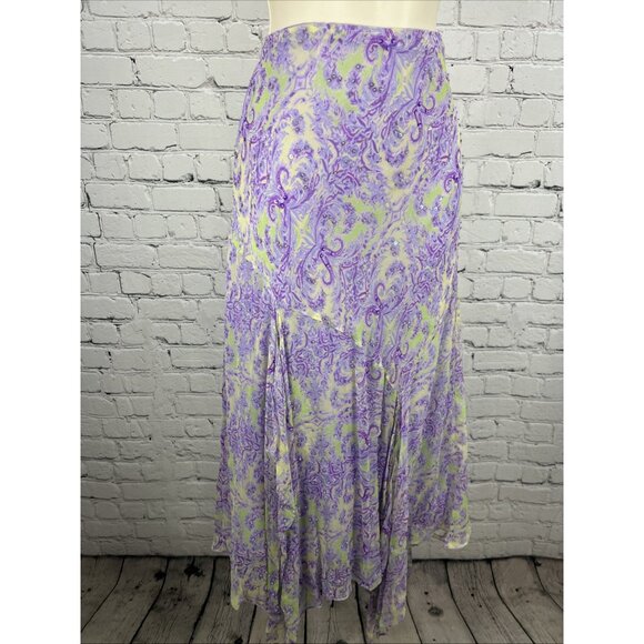 VTG I.C.E. Purple Green 100% Silk Chiffon Floral Beaded Flowy Maxi Long Skirt M - Picture 12 of 13